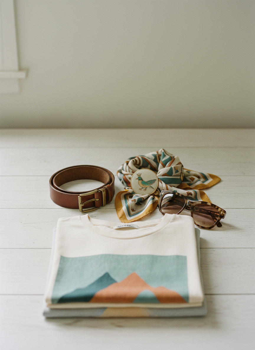 Minimalist, realistic product photo of secondhand fashion accessories on a pale wooden surface: vintage leather belt, colorful scarves, enamel brooch, retro sunglasses, folded graphic t-shirts. Neutral background, soft natural light, current ReUsa palette with muted teals, soft neutrals, and warm accents. Clean overhead composition, plenty of negative space.