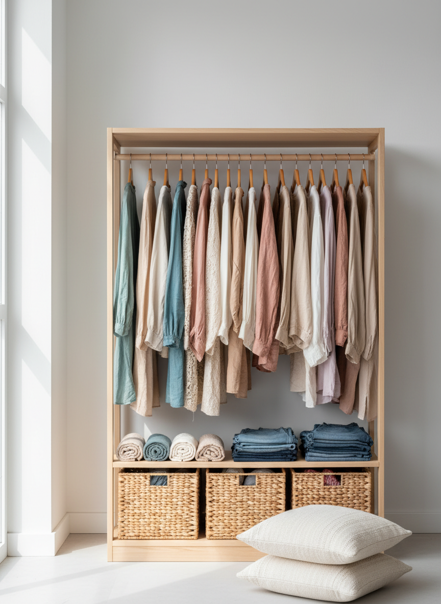 Minimalist, realistic product photo of an organized open wardrobe with secondhand clothing in ReUsa palette colors (muted teals, warm neutrals, soft pastels). Natural daylight, clean white wall, woven baskets below, folded cushions. Calm, tidy composition with soft shadows and negative space.