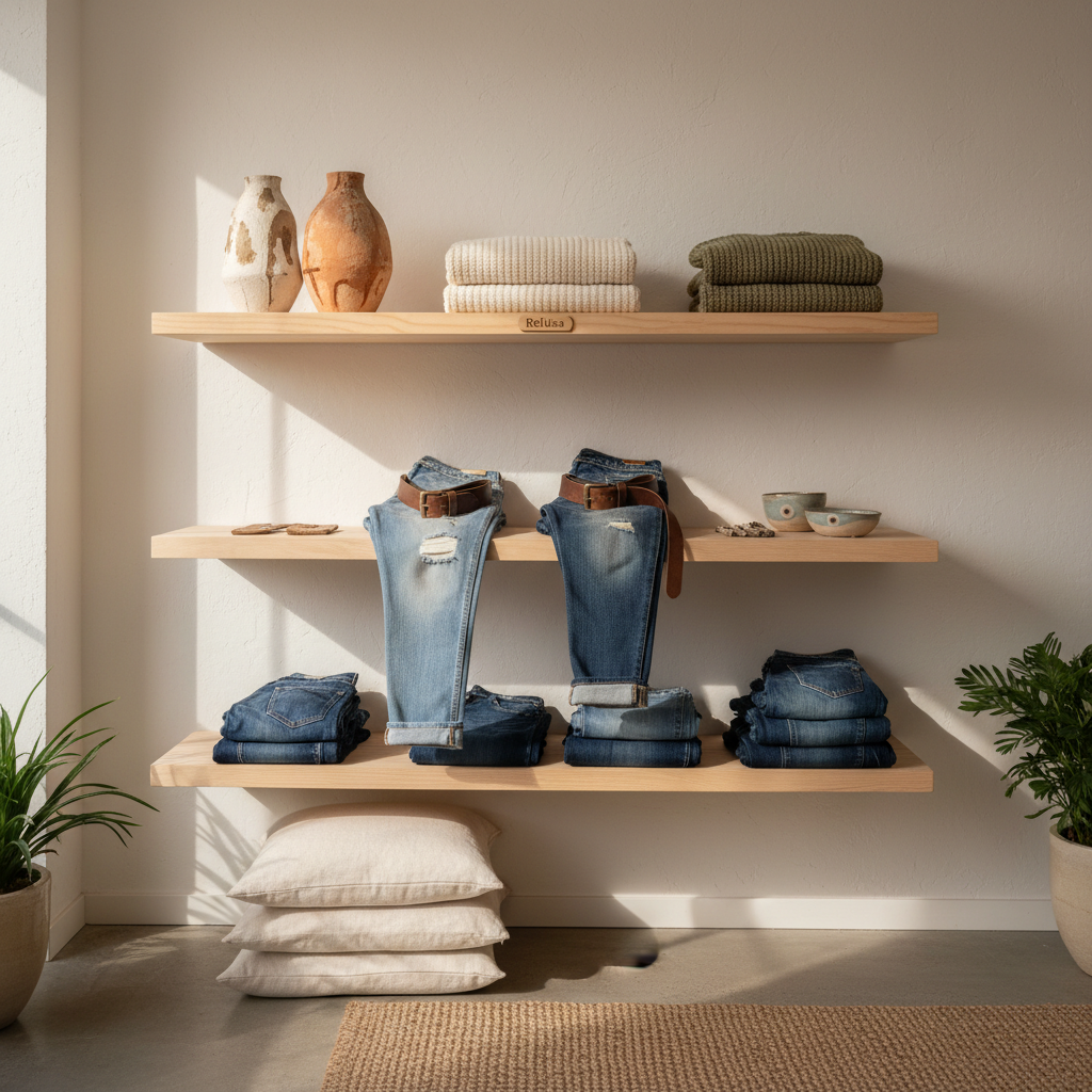 Realistic, well-lit minimalist photo of a curated secondhand product display in a small boutique: neatly folded neutral-toned sweaters, vintage denim, and a few ceramic home decor pieces on simple wooden shelving against a soft off-white wall. Natural daylight, soft shadows, clean background, warm but subtle color palette that fits ReUsa's existing theme.