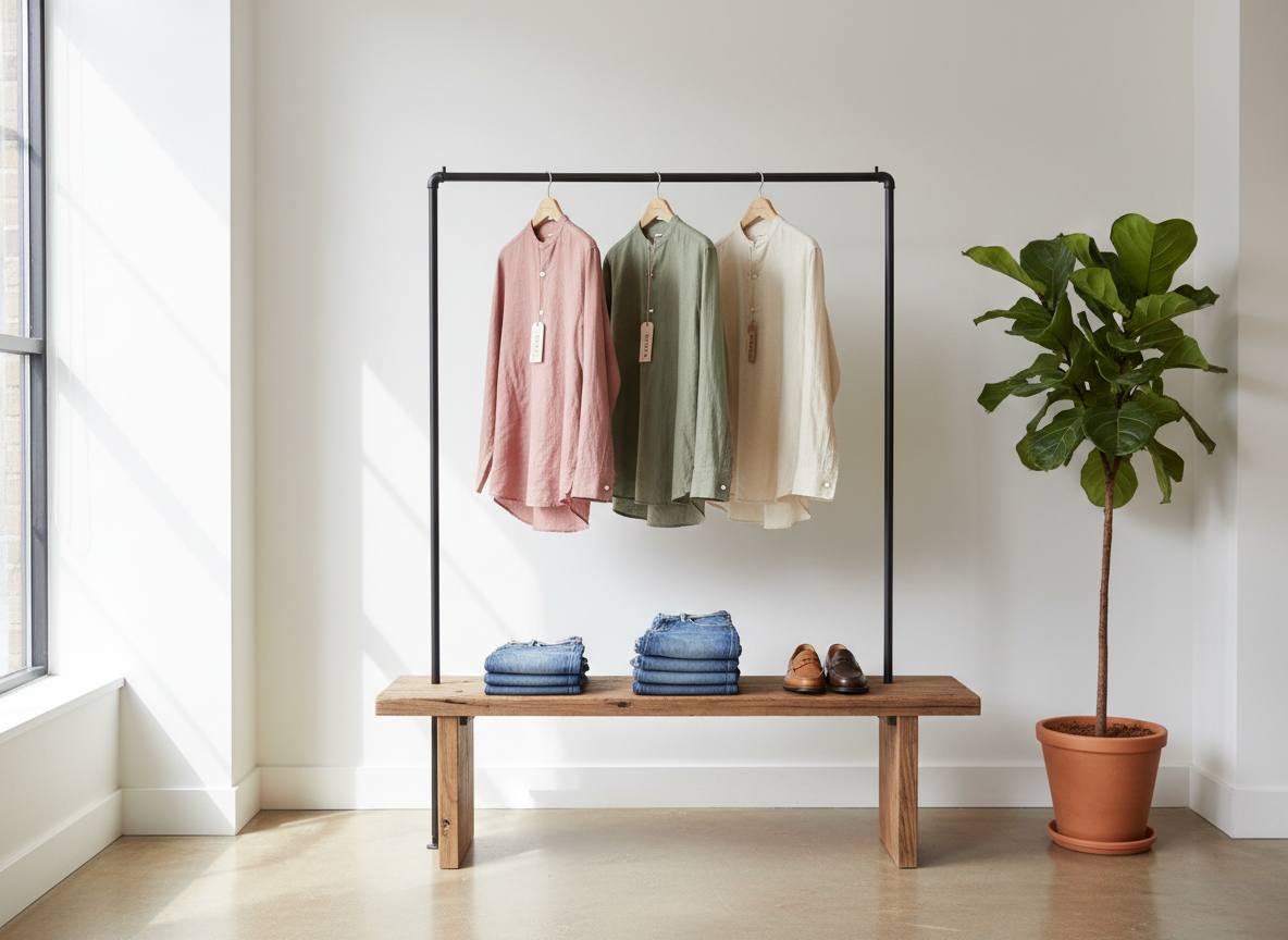 Realistic, well-lit minimalist interior of a secondhand shop corner: a simple clothing rack with a few carefully spaced garments in muted tones, a small wooden bench with folded jeans and shoes, and a potted plant. Clean white walls, polished concrete floor, soft natural light from the side, calm and airy atmosphere that matches ReUsa's visual style.