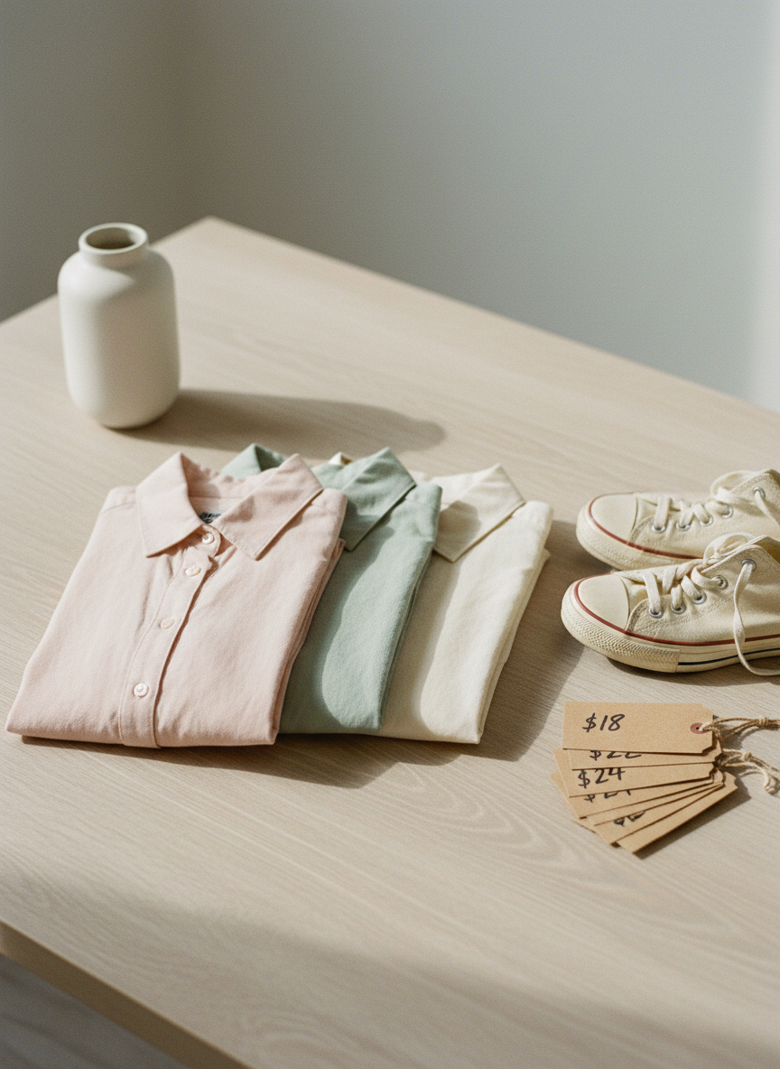 Realistic, well-lit minimalist close-up of a secondhand product styling surface: a light wooden table with a few folded pastel shirts, a pair of vintage sneakers, a small stack of recycled kraft tags with handwritten prices, and a simple ceramic vase. Soft overhead daylight, subtle shadows, plenty of negative space, clean and modern look in line with ReUsa's palette.