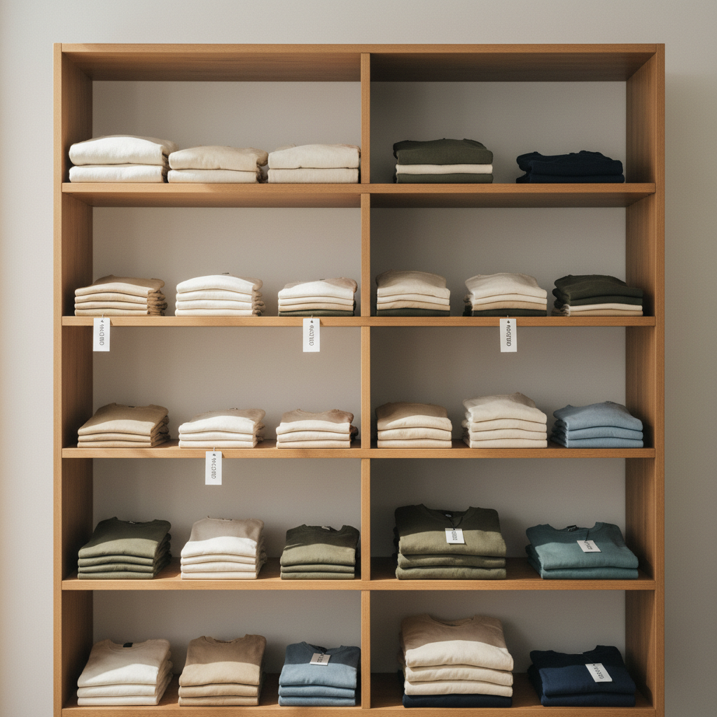 Estantería de madera con ropa doblada