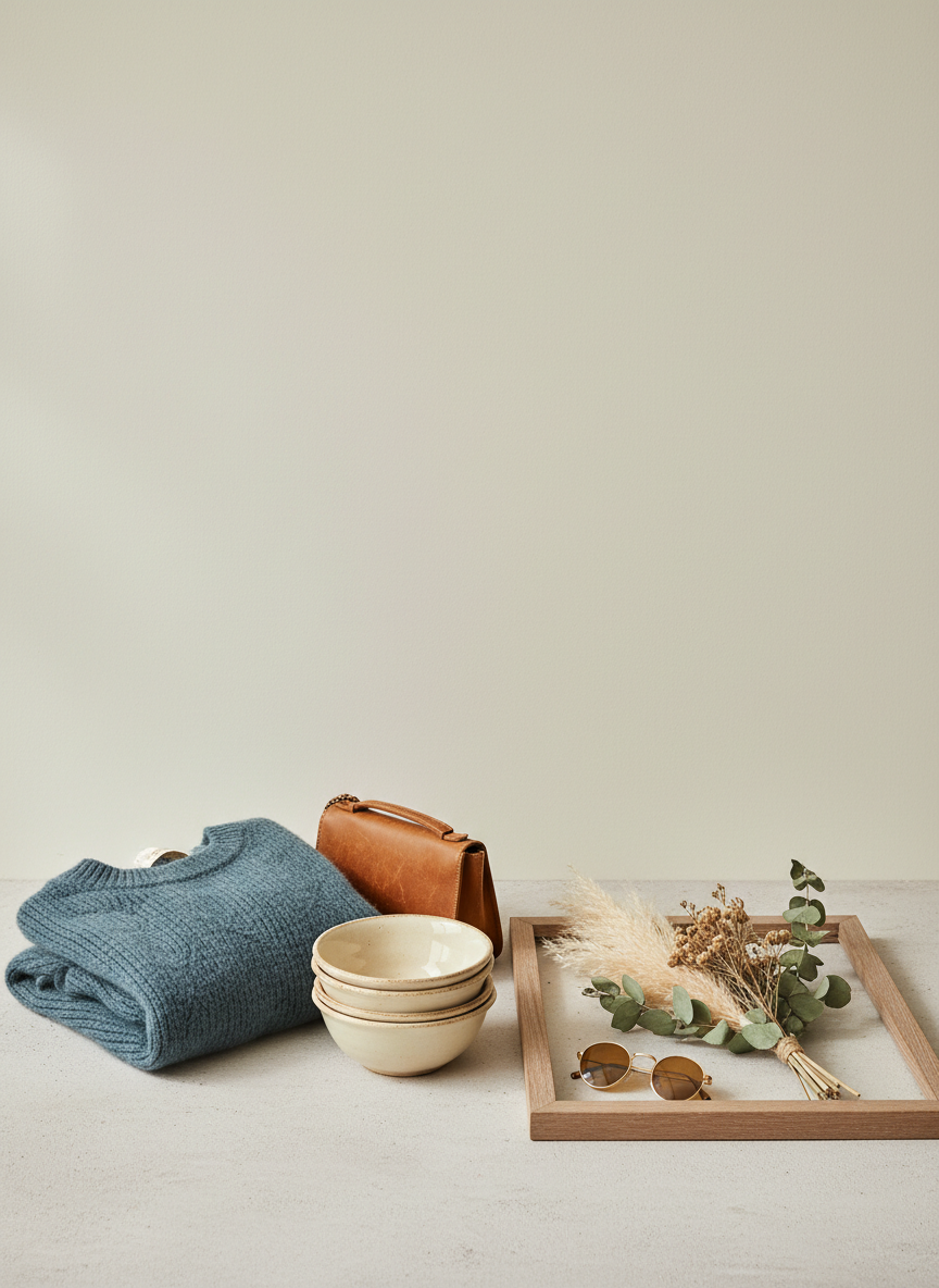 Minimalist, realistic product photo of secondhand fashion and decor that matches the existing ReUsa gallery style: soft natural light, muted teals, warm neutrals, clean background, negative space. Composition similar to other gallery images but not identical.