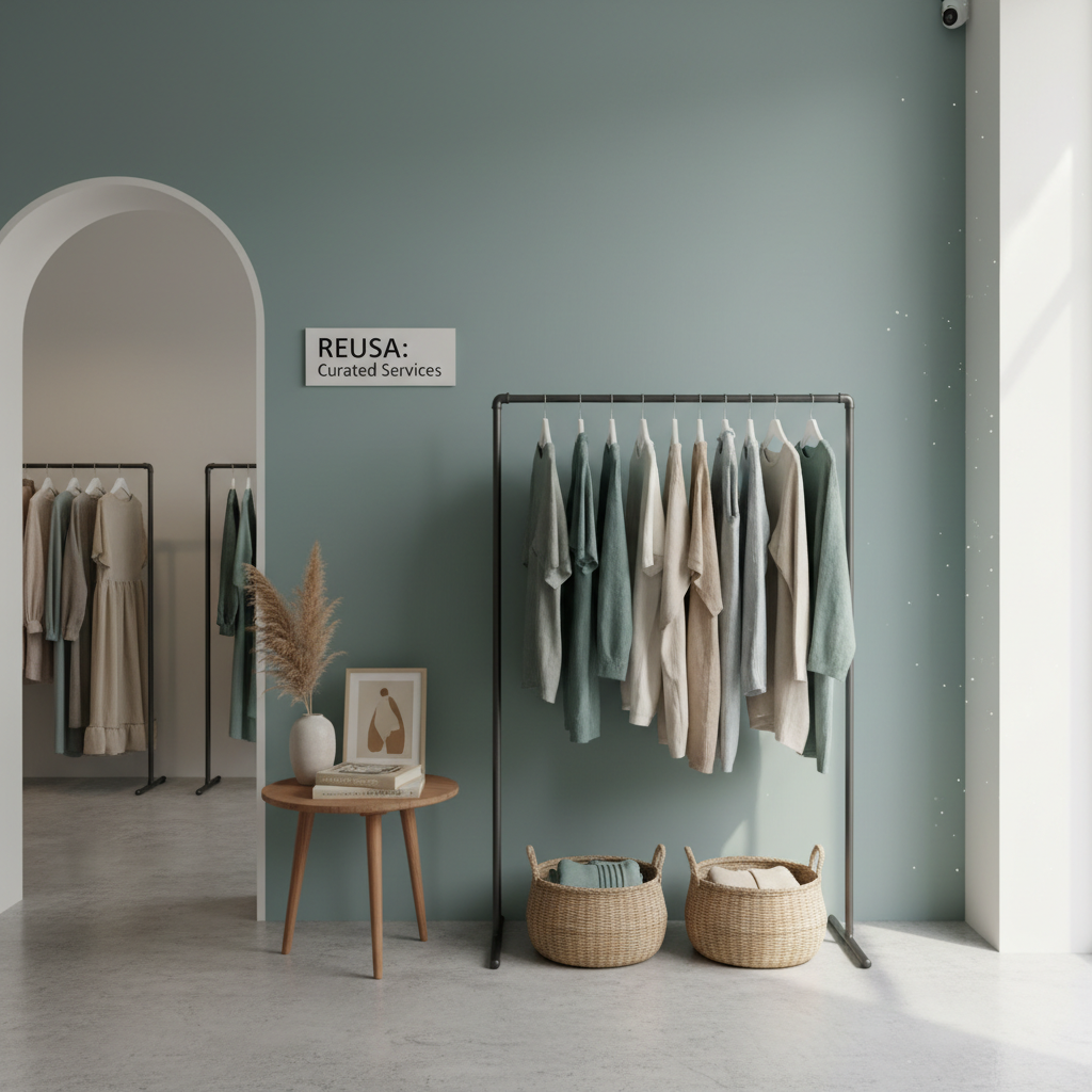 Minimalist, realistic secondhand boutique interior for ReUsa services section: curated rack of clothes, small decor items, calm palette with muted teals and neutrals, plenty of negative space, soft daylight.