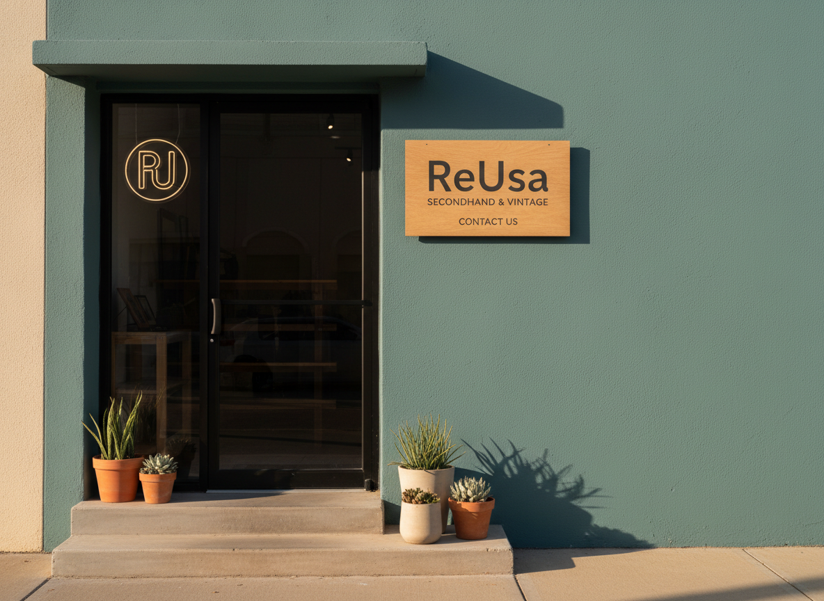 Minimalist, realistic exterior or entrance detail of a small secondhand shop in San Antonio for the ReUsa contact section: simple signage, warm natural light, muted teals and neutrals, clean composition with negative space.